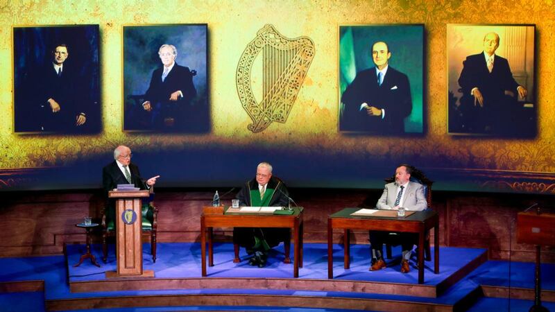 President  Michael D Higgins with Cathaoirleach Denis O’Donovan and Ceann Comhairle Seán Ó Fearghaíl: Mr Higgins delivered a thoughtful and thought-provoking address. Photograph:  Maxwellphotography.ie