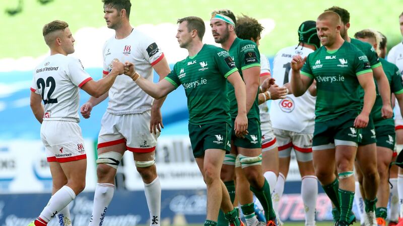Ulster’s Ian Madigan and Connacht outhalf Jack Carty after the match. Photograph: Inpho