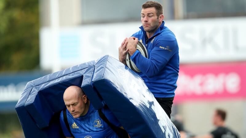 Leinster backs coach Felipe Contepomi and winger Fergus McFadden during training in Donnybrook. Photograph: Bryan Keane/Inpho