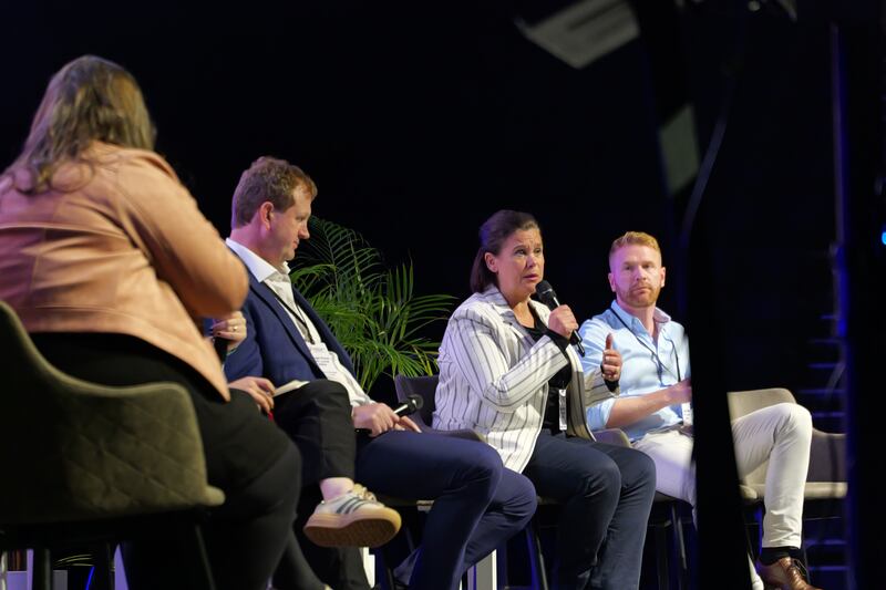 Sinn Fién president Mary Lou McDonald speaking on a panel at the Ireland's Future conference in Belfast on Saturday