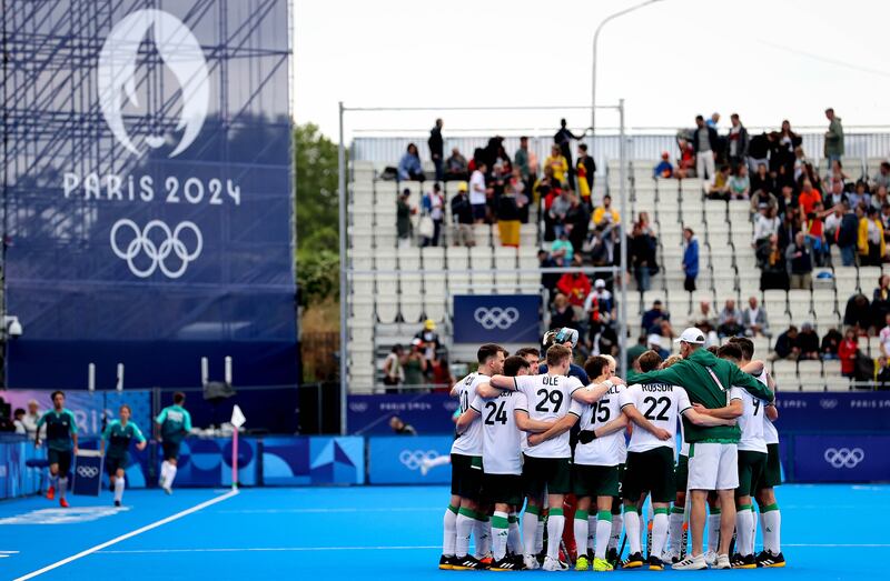 Ireland team huddle after the game, a 2-0 loss to Belgium. Photograph: Ryan Byrne/Inpho