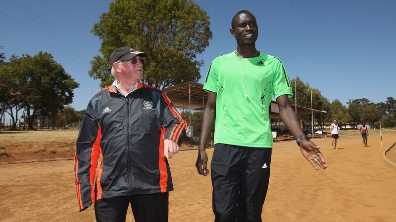 Br Colm O’Connell and double Olympic champion David Rudisha in Eldoret, Kenya in 2012. Photograph: Michael Steele/Getty