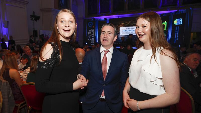 Annie and Kate Madden of FenuHealth and Damien English, Minister of State at the Department of Housing, Planning and Local Government,  at the Irish Times Innovation Awards 2017 which took place at the Royal Hospital Kilmainham. Photograph: Conor McCabe