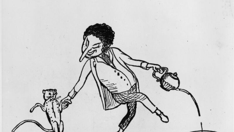 1871: A drawing illustrating a limerick showing a man dancing with a cat and pouring tea into a hat from a tea-pot. More Nonsense,  Edward Lear, was  published in  1871. Photograph: Hulton Archive/Getty Images