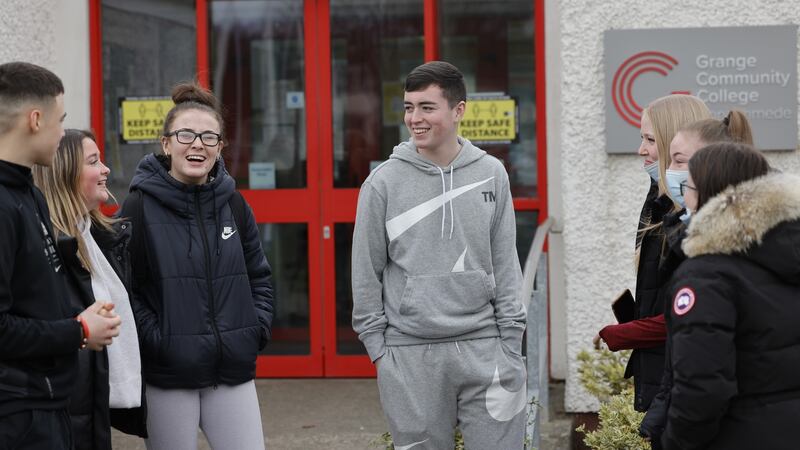 Filips Vingris, Chloe O’Sullivan, Paige Feery, Jake Bracken, Georgia Field, Katie Eglinton and Ciara Penrose, who are fifth year students at Grange Community College in Donaghmede, Dublin.  Photograph: Alan Betson