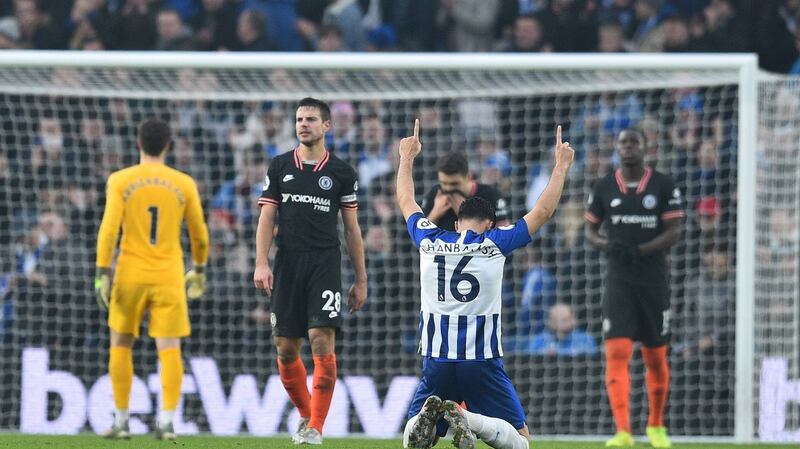 Brighton goalscorer Alireza Jahanbakhsh celebrates aftr his side draw with Chelsea. Photograph: Glyn Kirk/AFP/Getty