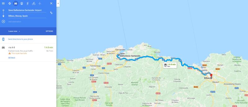 The journey from Santander Airport to Bilbao is quickest via bus as the train route goes south before going back north. Photo: Google Maps screenshot