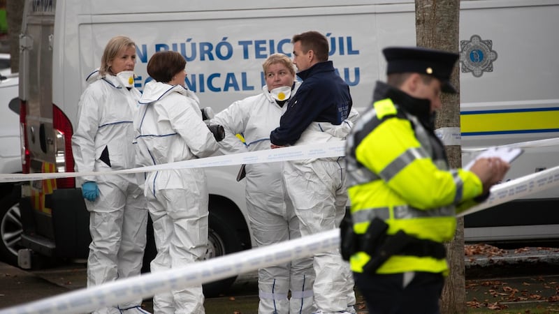 Gardaí at the scene on Mount Andrew Court, Lucan on Tuesday, where the body of a man was discovered in a burning car. Photograph: Colin Keegan, Collins Dublin