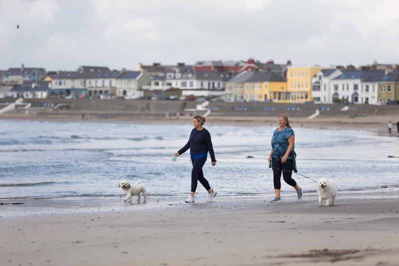 Jean Boland and Mairead O'Sullivan walking Foster and Beau on the beach at Kilkee, Co Clare. Photograph: Eamon Ward