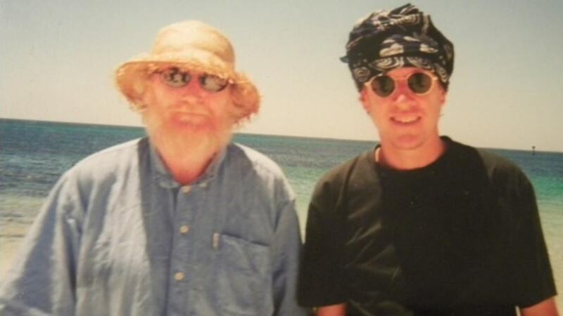 Dermot Healy and Timothy O’Grady on a beach near Perth, Australia