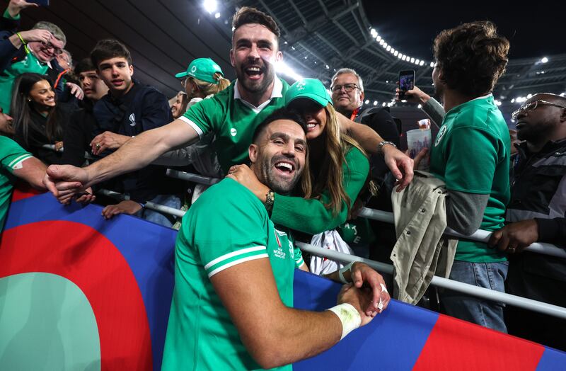 Ireland’s Conor Murray celebrates winning with his wife 
Joanna Cooper. Photograph: INPHO/Dan Sheridan