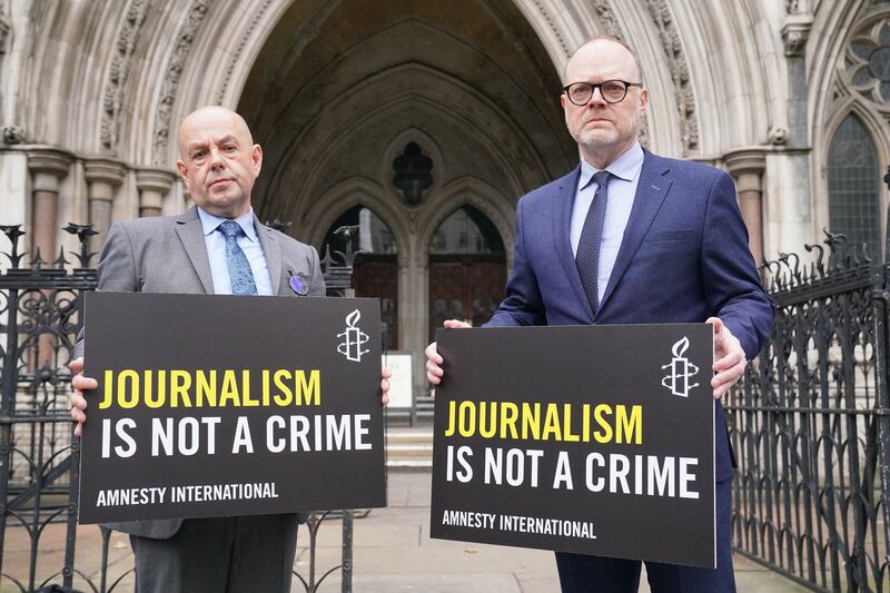 Journalists Barry McCaffrey and Trevor Birney outside the Royal Courts of Justice in October 2024. Photograph: Jonathan Brady/PA Wire
