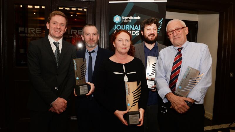 Award winners: Conor Goodman and Paddy Logue, Rosita Boland, Patrick Freyne and Peter Murtagh. Photograph: Cyril Byrne/The Irish Times