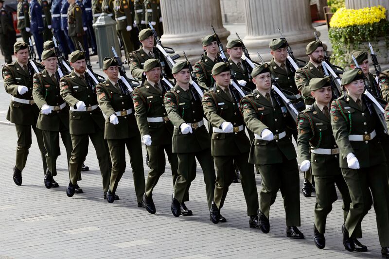 The guard of honour at the ceremony marking the anniversary of the 1916 Easter Rising, outside the GPO, O’Connell Street, Dublin.  Photograph: Conor Ó Mearáin/Collins 