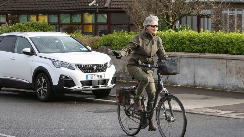 Galway West Independent candidate Catherine Connolly  arriving on her bicycle to the count centre at Threadneedle Road in Salthill. Photograph: Joe O’Shaughnessy