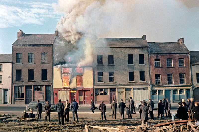 A burning building in Derry city circa 1969.