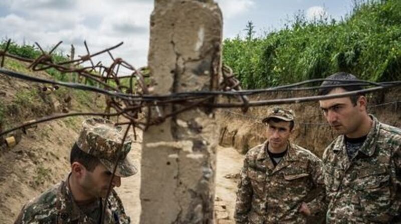 Members of the armed forces of Nagorno-Karabakh at the contact line where they face off against Azeri forces. File photograph: Getty Images