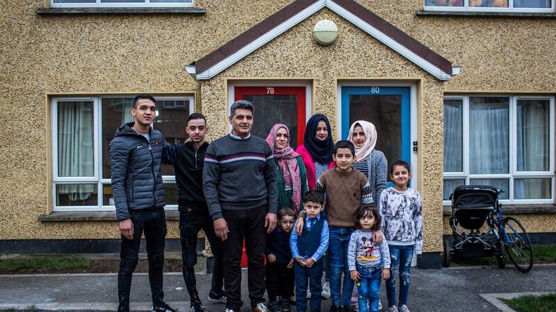 Ghaythaa Abdualdahab (centre) and her husband Adnan Karazi with their family in Mosney provision centre in Co Meath. Photograph: James Forde