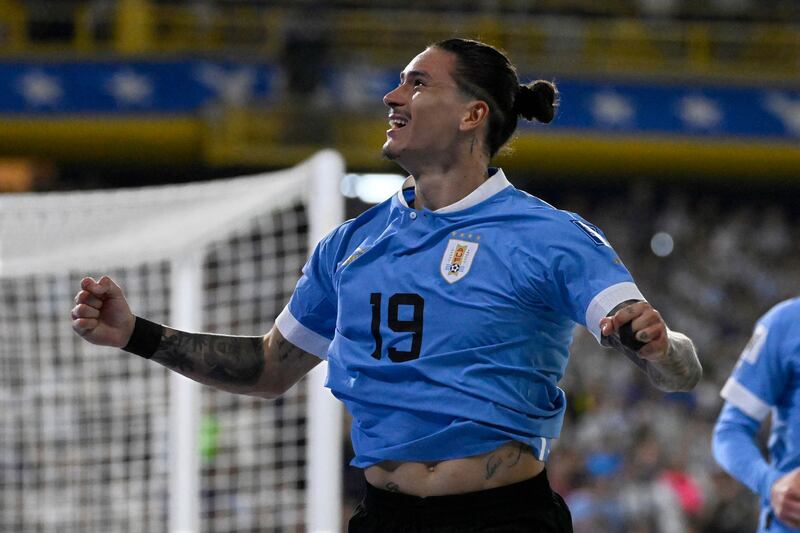 Uruguay's Darwin Nunez celebrates after scoring against Argentina at La Bombonera stadium in Buenos Aires. It was their first win in Argentina since 1937. Photograph: Luis Robayo/AFP via Getty Images