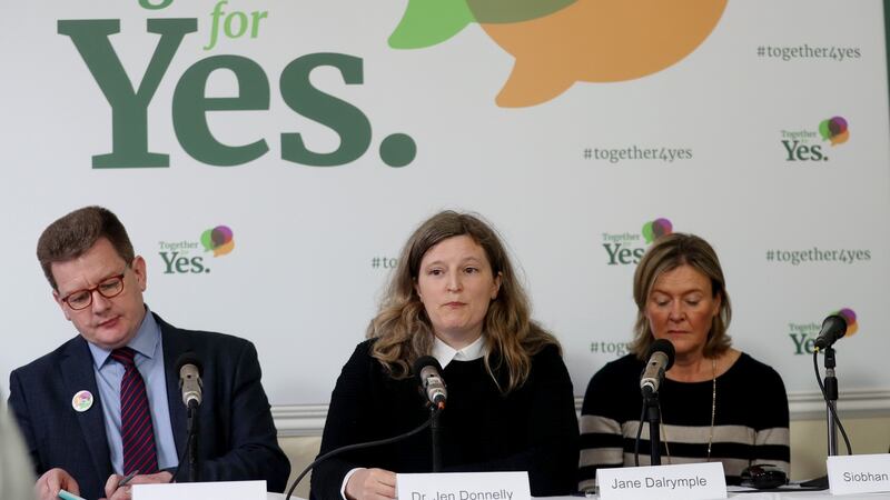 Gerry Edwards, national spokesman for Together for Yes; Dr Jen Donnelly, consultant in obstetrics and maternal foetal medicine; and Jane Dalrymple, clinical midwife and specialist in foetal medicine, at a Together for Yes campaign event in Dublin on Thursday