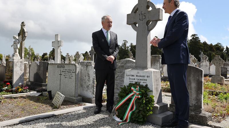 An Taoiseach Micheál Martin and Sean Haughey TD were at Deansgrange cemetery on Monday to mark the 50th anniversary of Sean Lemass’s death. Photograph: Nick Bradshaw