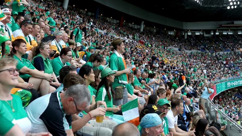 Irish fans watching the Group A opener against Scotland in Yokohama. Photograph:  Hannah Peters/Getty Images