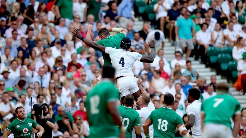 Sean Cronin looks on after Peter O’Mahony can’t take his throw at Twickenham. photograph: James Crombie/Inpho