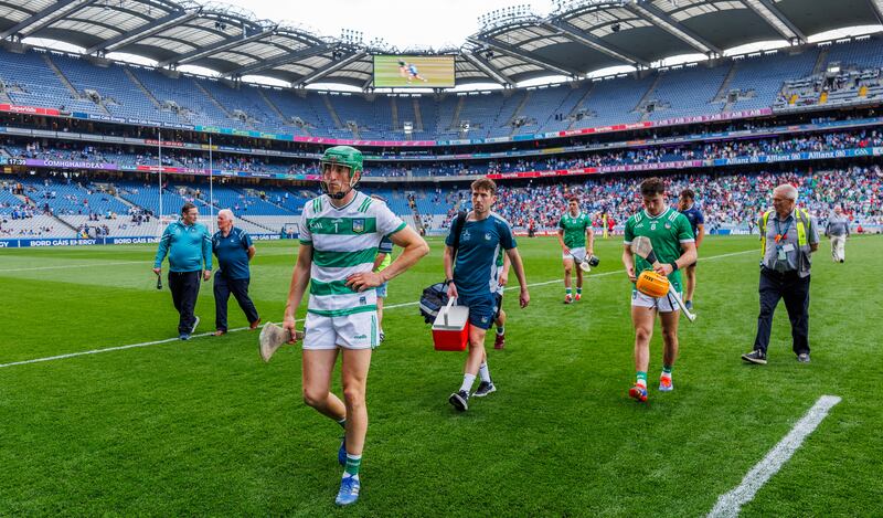 Limerick’s Nickie Quaid and Adam English after Saturday's game. Photograph: James Crombie/Inpho