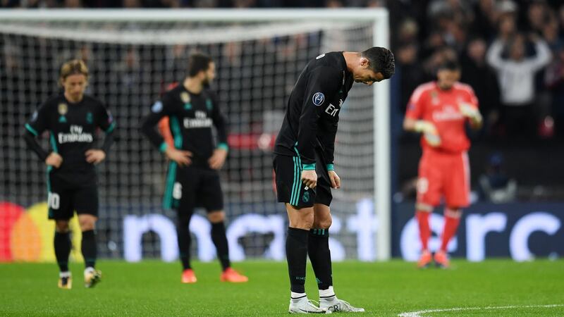 Real Madrid’s Cristiano Ronaldo  and   team mates during the Champions League  match against Tottenham in London. Photograph: EPA/Andy Rain