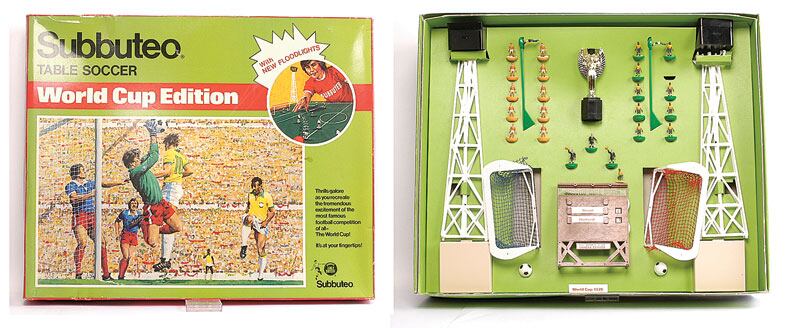 The Subbuteo 1978 World Cup edition, complete with two floodlight pylons and a gleaming three-inch-tall replica of the Jules Rimet Trophy.