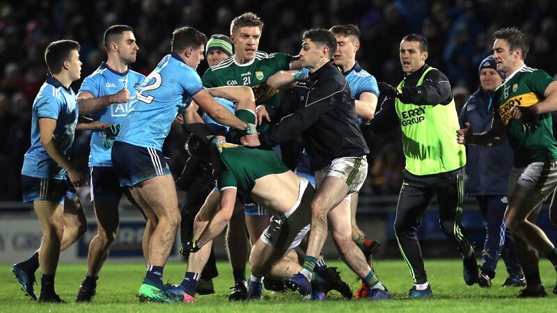 Tempers flare at the end of Kerry’s league win over Dublin in Tralee. Photograph: Lorraine O’Sullivan/Inpho