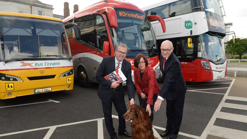 Stephen Kent (L), chief executive of Bus Éireann; Anne Graham, chief executive of the National Transport Authority; and Aidan Murphy, Bus Éireann chairman. Photograph: Dara Mac Donaill/The Irish Times