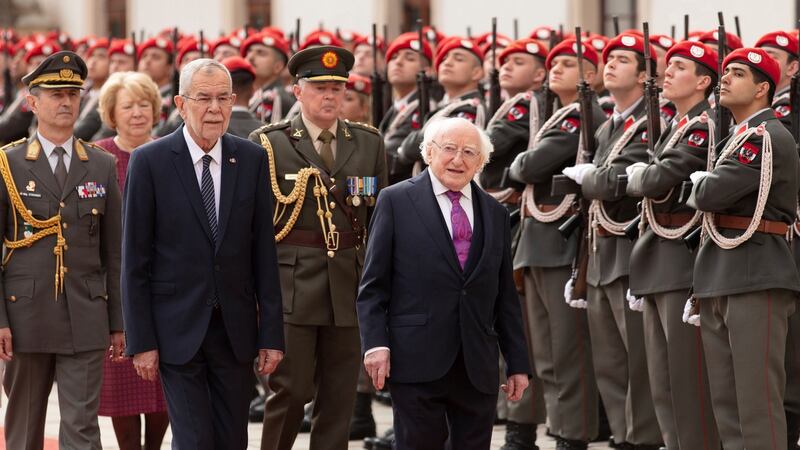 Austrian President Alexander Van der Bellen welcoming President Michael D Higgins with military honours for a meeting in Vienna. Photograph: Theresa Wey/AP