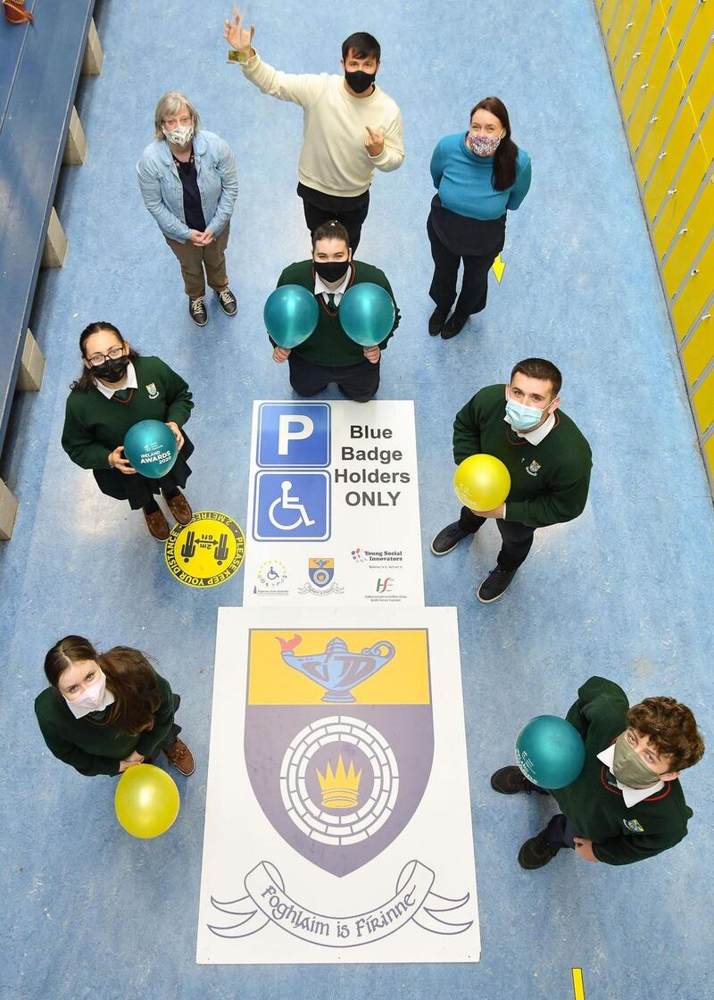 Students of Cashel Community School, Jasmine McCabe, Heather Barnett, Conor Hassett, Colin Harding, and David Spearman along with TY co-ordinator Maria Neavyn and teacher Caitriona Ryan receiving their Young Social Innovators Gold award for their project entitled ‘Step Up For Accessibility’, aimed at tackling the misuse of parking spaces for disabled people. Photograph: Diarmuid Greene