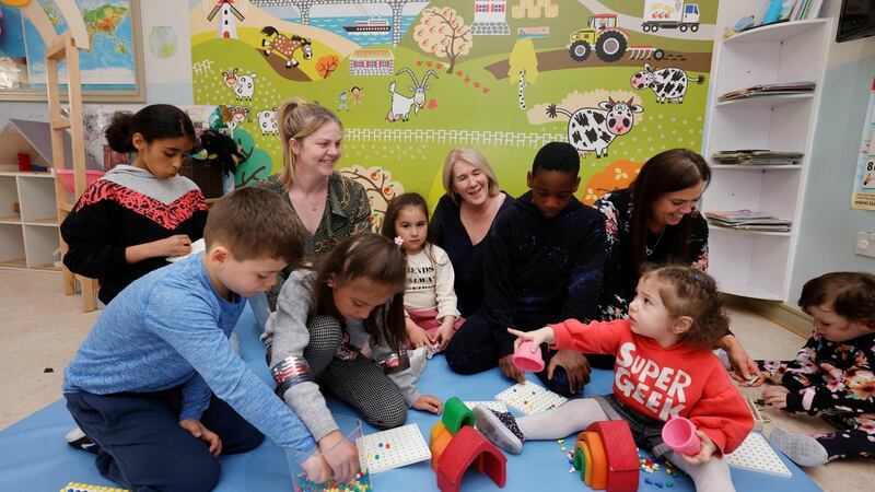 Ann Marie McCord, manager, Rachel Prouse owner-manager, and Laura Greer, HR manager, with some of the children at Missus Tatty’s Nursery in Clonee, Co. Meath.  Photograph: Alan Betson
