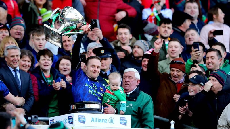 Andy Moran lifts the trophy after Mayo’s victory over Kerry in the Allianz Football League Division 1 final at Croke Park in March. Photograph: Ryan Byrne/Inpho