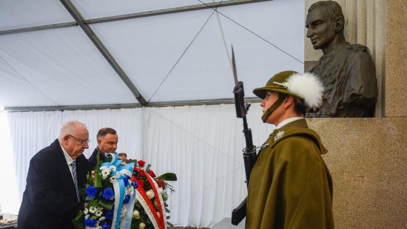 President of Israel Reuven Rivlin and the president of Poland Andrzej Duda lay wreaths in front of the monument to Witold Pilecki during the 75th Anniversary of Auschwitz Liberation on January 27th, 2020 in Oswiecim, Poland. Photograph:  Omar Marques/Getty