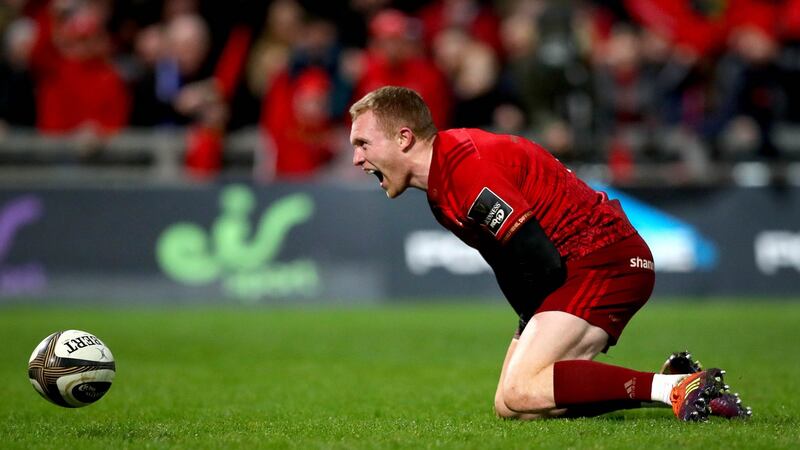 Munster’s Keith Earls celebrates scoring Munster’s second try against Leinster at Thomond Park. Photograph: Ryan Byrne/Inpho