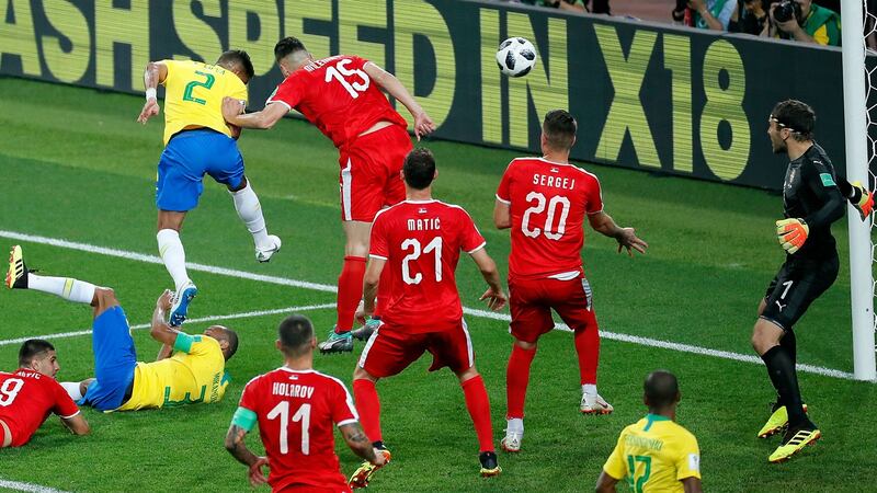 Thiago Silva puts Brazil 2-0 up. Photo: Yuri Kochetkov/Getty Images