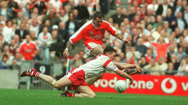 Conor Gormley famous block on Steven McDonnell in the 2003 All-Ireland final played a huge role in denying Armagh back-to-back titles. Photograph: Brendan Moran/Sportsfile
