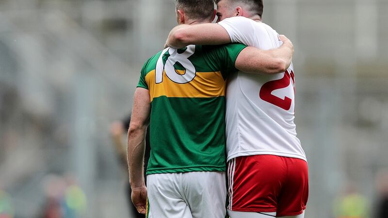 Kerry’s Jonathan Lyne and Tyrone’s Connor McAliskey after the 2019 decider. Photograph: Laszlo Geczo/Inpho