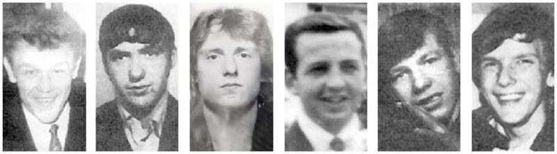 The six men shot dead in the New Lodge area of Belfast on February 3rd/4th, 1973 (from left): John Loughran, James Sloan, Jim McCann, Brendan Maguire, Ambrose Hardy and Tony Campbell. Photographs: Alex Bowie/Getty Images/Relatives For Justice