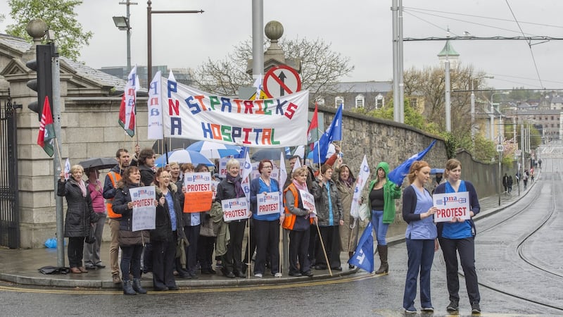 Members of the Psychiatric Nurses Association protesting outside St Patrick’s Hospital, Dublin last month. Staff have voted for industrial action over the closure of the hospital’s defined benefit pension scheme. Photograph: Brenda Fitzsimons
