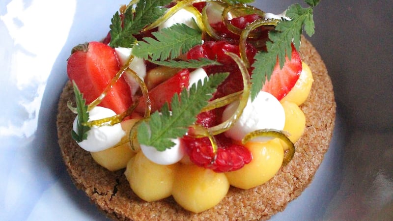 Sablé Breton with crème pât, whipped cream and seasonal berries.