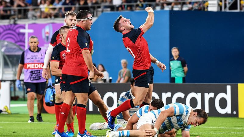 George Ford celebrates his try. Photo: Andrew Cornaga/Inpho