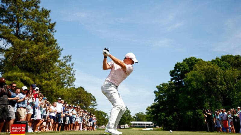 Rory McIlroy plays his shot from the eighth tee during the final round of the Wells Fargo Championship in North Carolina. Photograph: Jared C Tilton/Getty Images