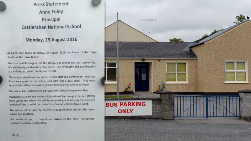 Castlerahan National School and a notice (inset) on the school gate. Photograph: Eric Luke/The Irish Times/Dara MacDonaill