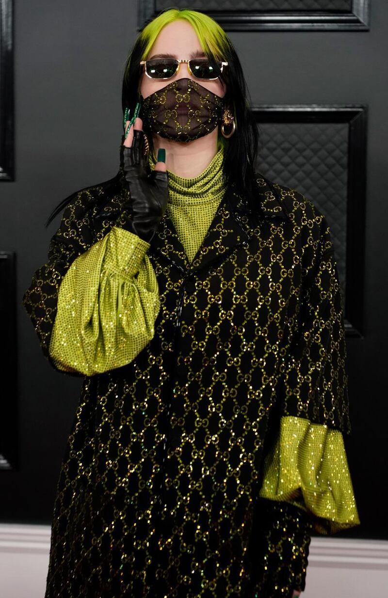 Billie Eilish dressed in Gucci  arriving for the 2020 Grammy awards in Los Angels. Photograph: Mike Blake/Reuters