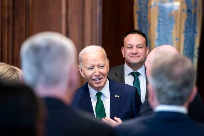 President Joe Biden and Leo Varadkar at the Friends of Ireland luncheon  on Capitol Hill. Photograph: Haiyun Jiang/The New York Times
                      
