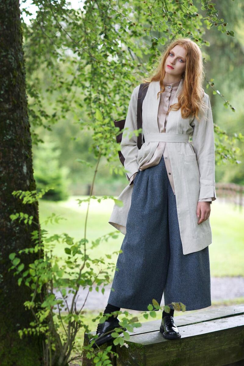 Beige silk blouse €350, linen dress €400, both Reuben Avenue, culottes Bernie Murphy €245, Kinsale leather backpack €300, all at the Kilkenny Shop, Dublin